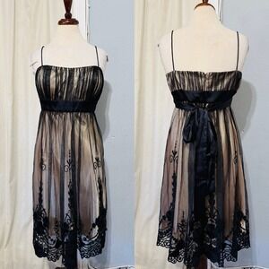 Vintage Y2K SL‎ Fashions Black Beige Mesh Overlay Whimsigoth Babydoll Dress 14